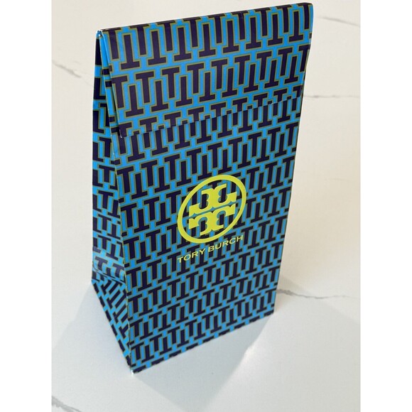 Tory Burch‎ Blue Lime Geometric Gift Bag 13x7x5 Tall Decor Flap Closure EUC - Picture 1 of 15